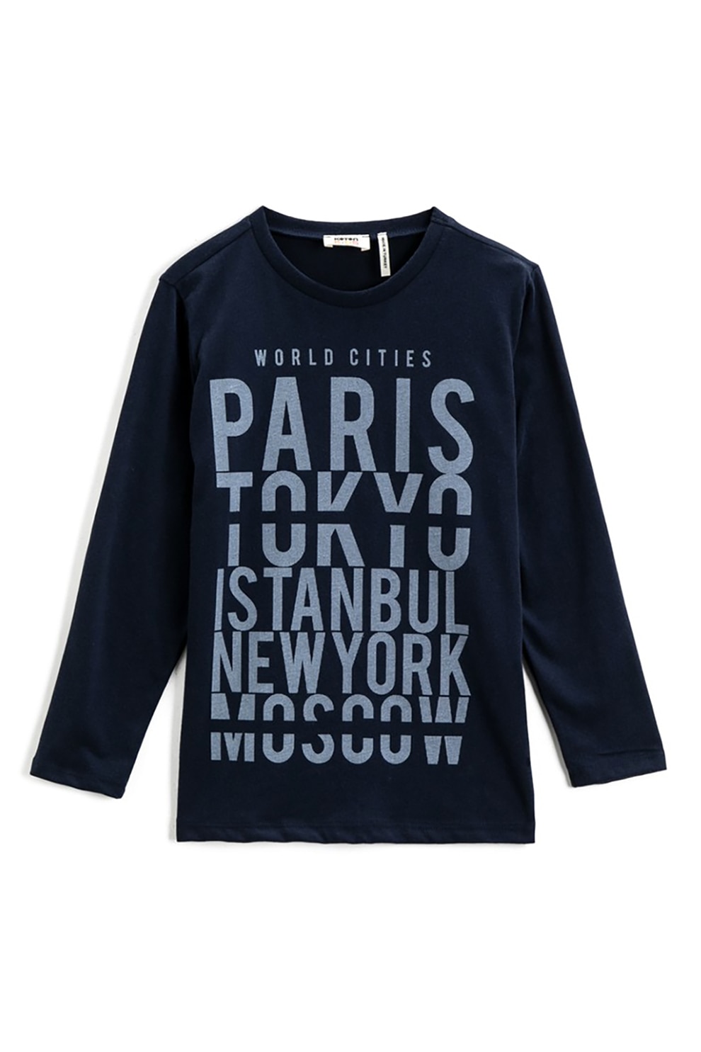 KOTON, Bluza cu decolteu la baza gatului si imprimeu text, Bleumarin inchis