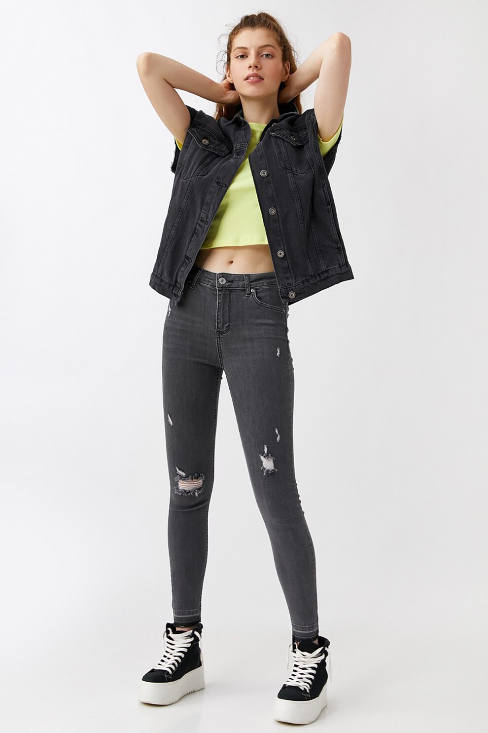 KOTON, Blugi cu talie inalta si detalii deteriorate, Gri antracit