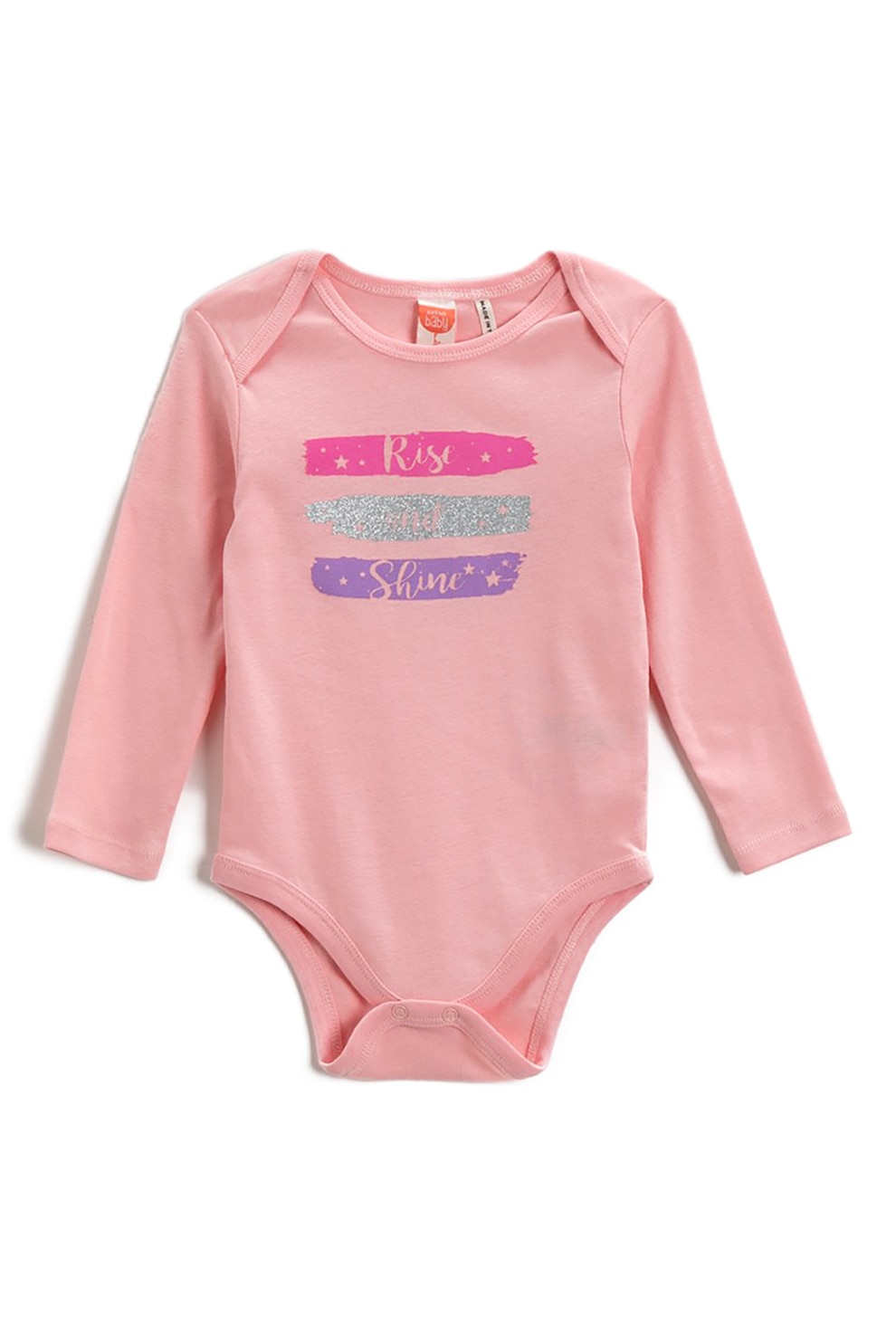 KOTON, Body de bumbac cu maneci lungi si imprimeu, Roz prafuit/Violet/Verde, 56-62 CM