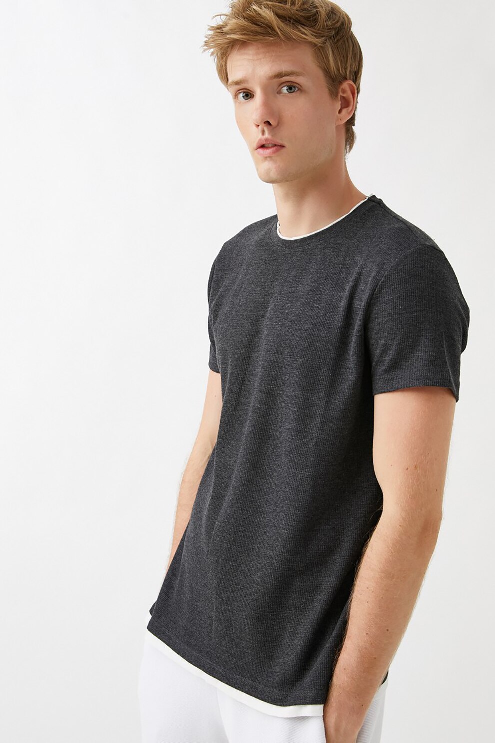 KOTON, Tricou cu aspect 2 in 1, Gri inchis melange