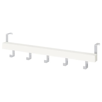 Cuier/organizator cu 5 agatatori pentru depozitare, pentru usa/perete, lemn/inox, alb, 60x8x4 cm Cuier/organizator cu 5 agatatori pentru depozitare, pentru usa/perete, lemn/inox, alb, 60x8x4 cm