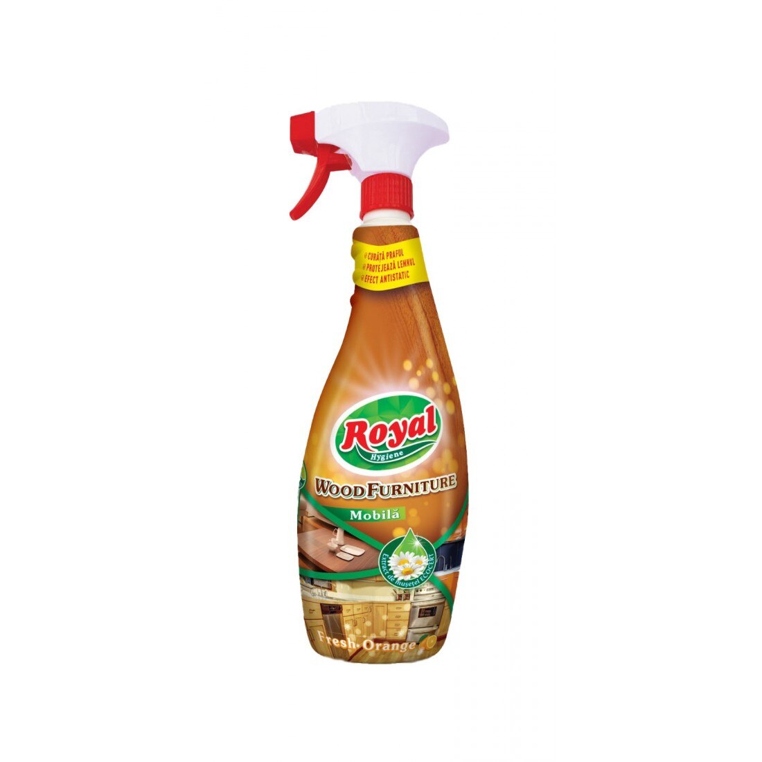 Solutie pentru indepartarea prafului si a urmelor de pe toate tipurile de mobila, Royal Hygiene, cu extract de musetel si extra parfum de citrice, 750ml