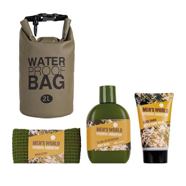 Set barbati Men's World in husa impermeabila, Gel de dus 200ml, After shave balsam 75ml, Prosopel 30*30cm