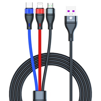 Cablu USB de incarcare Bivier 3in1 5A, TypeC, Lighting, Micro USB, 1.2m, Negru Cablu USB de incarcare Bivier 3in1 5A, TypeC, Lighting, Micro USB, 1.2m, Negru