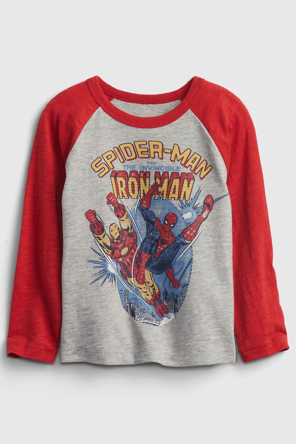 GAP, Bluza sport cu imprimeu si maneci raglan, Gri melange/Rosu