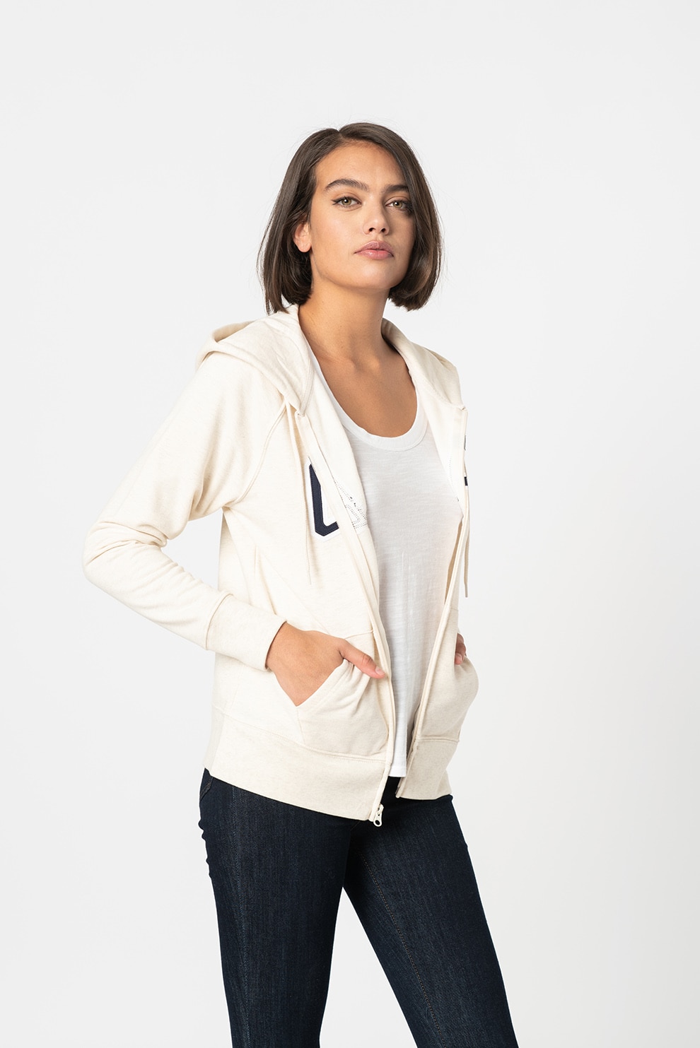 GAP, Hanorac cu fermoar si aplicatie logo, Crem/Alb/Negru