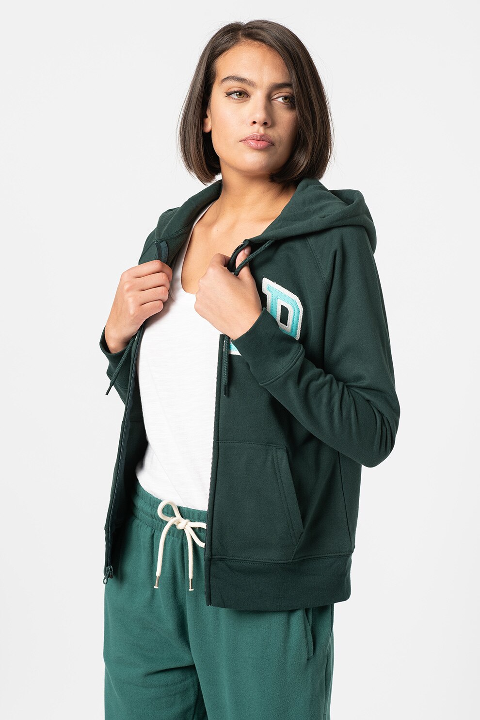 GAP, Hanorac cu fermoar si aplicatie logo, Verde inchis/Alb/Albastru aqua