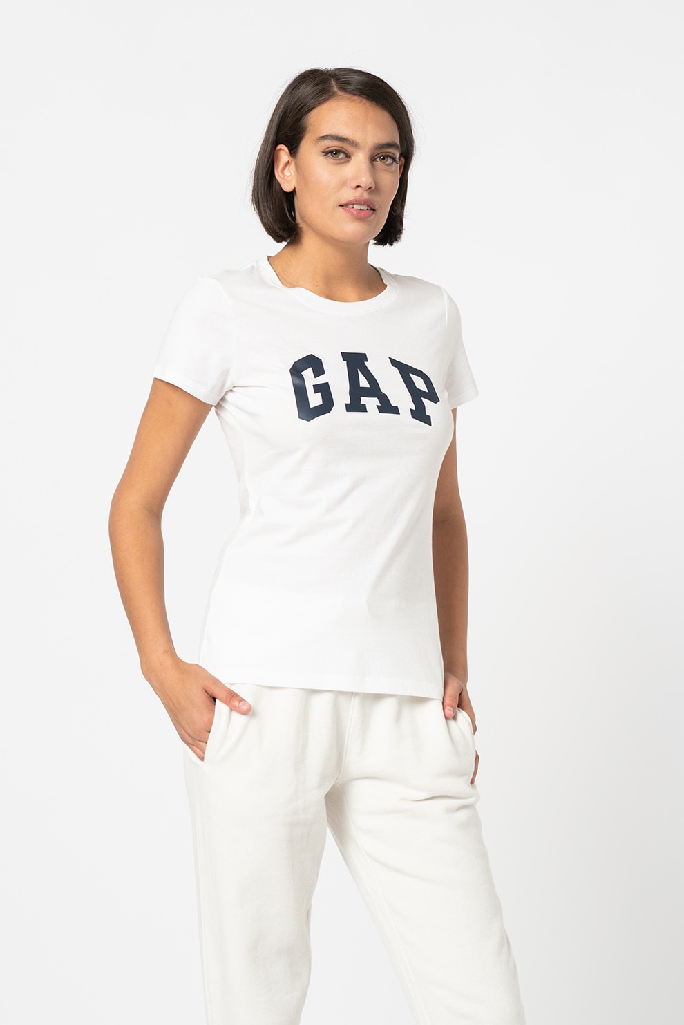 GAP, Tricou din bumbac cu imprimeu logo, Alb optic/ Bleumarin inchis