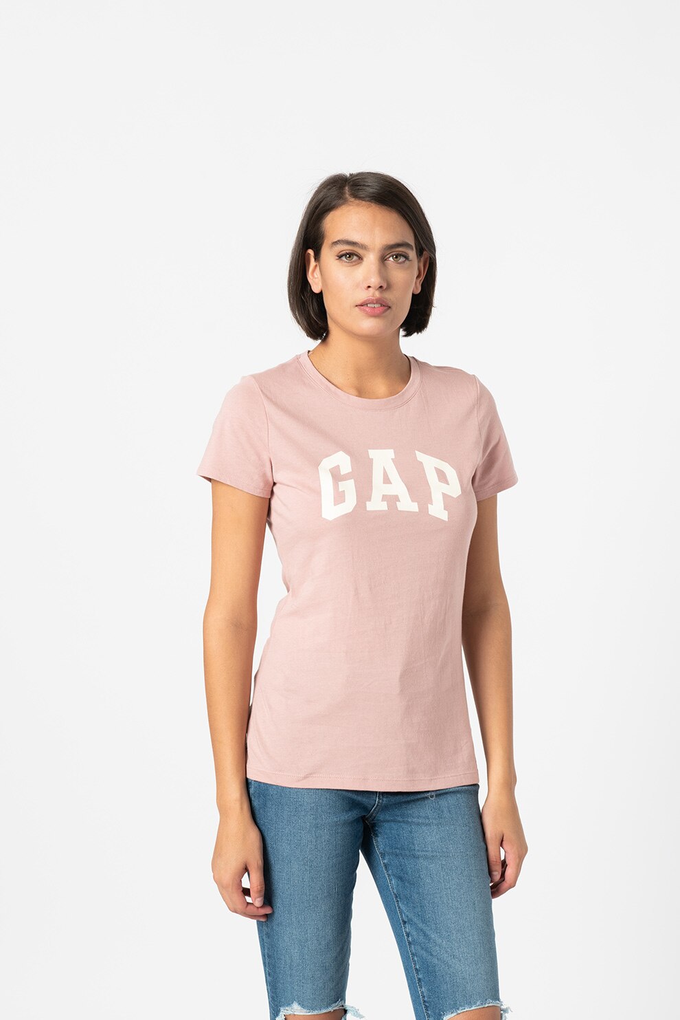 GAP, Tricou din bumbac cu imprimeu logo, Roz prafuit/Alb prafuit
