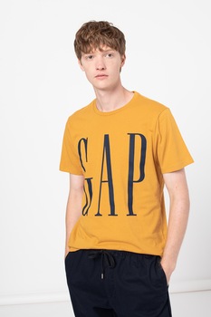 GAP, Tricou cu decolteu la baza gatului si imprimeu logo, Ocru/Bleumarin GAP, Tricou cu decolteu la baza gatului si imprimeu logo, Ocru/Bleumarin