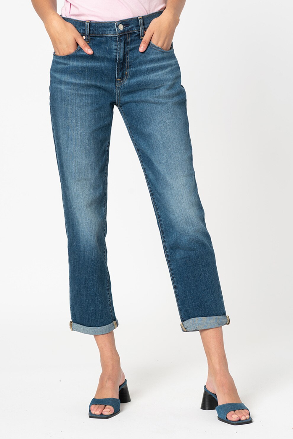 GAP, Blugi slim fit cu talie medie si aspect decolorat, Bleumarin/Alb