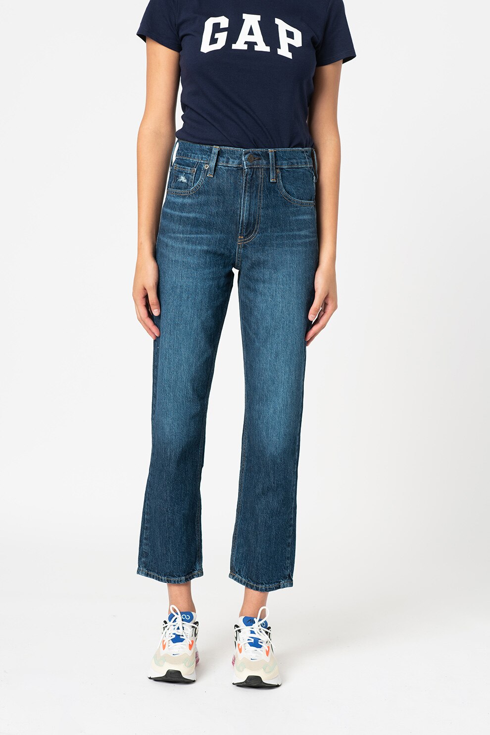 GAP, Blugi slim fit cu talie inalta, albastru inchis/alb