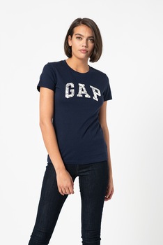 GAP, Tricou de bumbac cu logo, Bleumarin/Alb optic