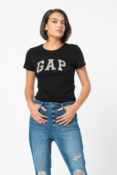 GAP, Tricou de bumbac cu logo, Negru/Maro camel GAP, Tricou de bumbac cu logo, Negru/Maro camel