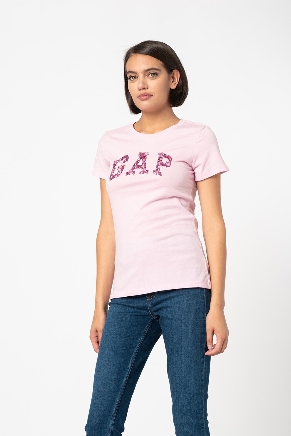 GAP, Tricou de bumbac cu logo, Roz/Violet tyrian/Alb prafuit