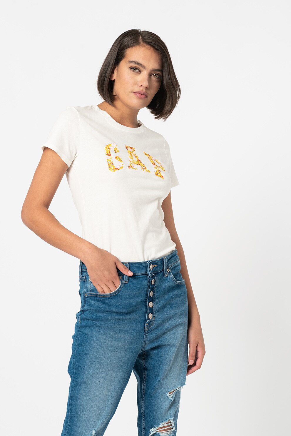 GAP, Tricou de bumbac cu logo, Alb/Oranj/Roz