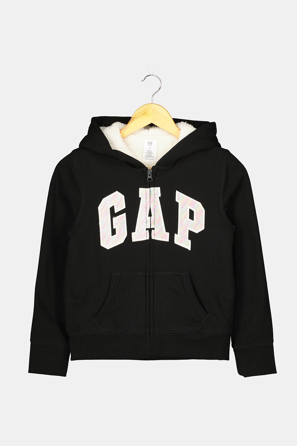 GAP, Hanorac cu fermoar si captuseala din material teddy, Negru/Roz/Alb