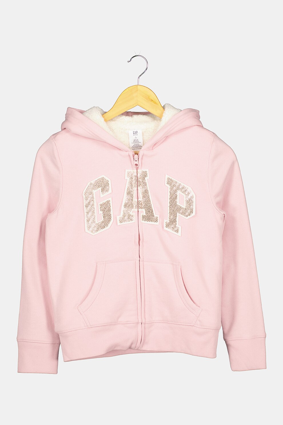 GAP, Hanorac cu fermoar si captuseala din material teddy, Roz pastel/auriu/alb
