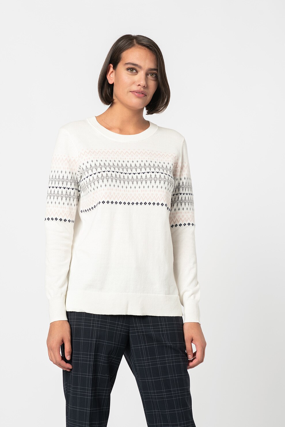 GAP, Pulover de bumbac cu model geometric, Alb/Maro taupe deschis/Gri