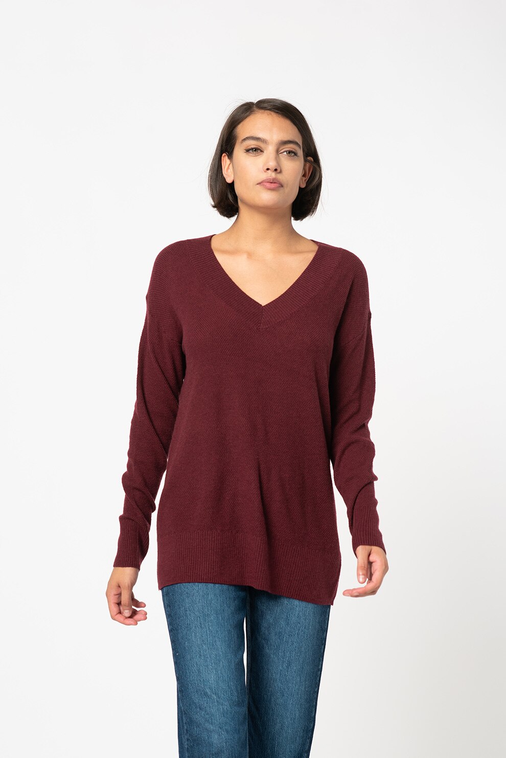 GAP, Pulover din amestec de lana, cu decolteu in V, Violet pruna