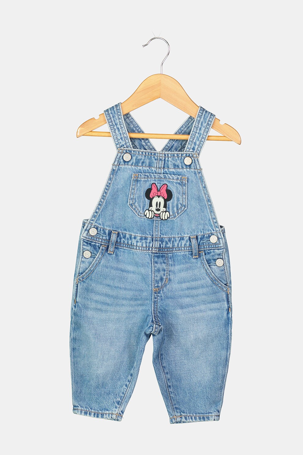 GAP, Salopeta din denim cu detaliu Minnie Mouse, Albastru/Alb, 100 CM
