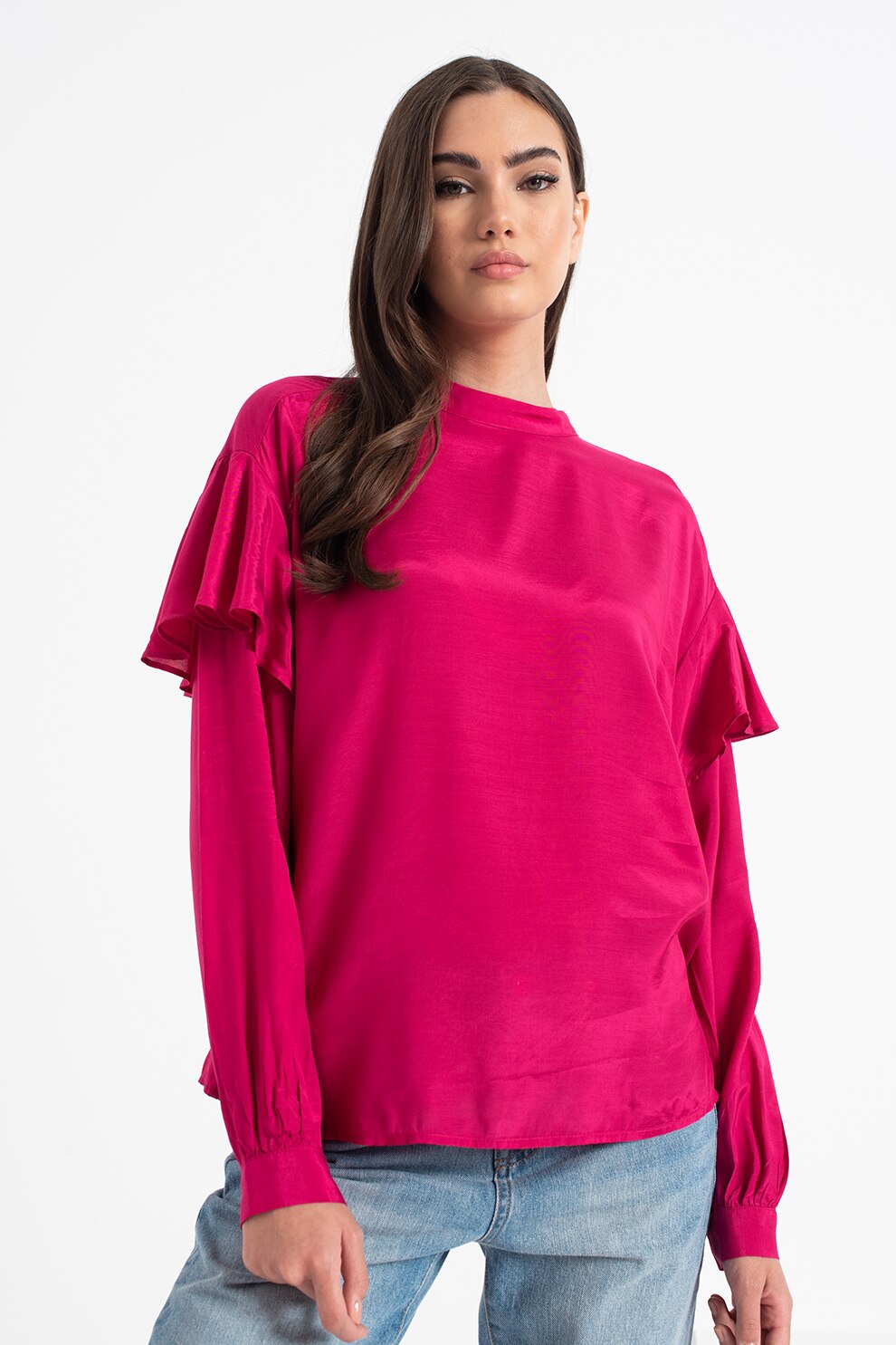 United Colors of Benetton, Bluza din satin cu volane, Fucsia