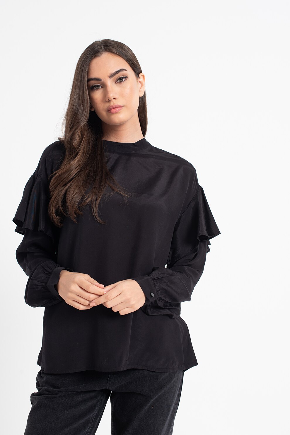 United Colors of Benetton, Bluza din satin cu volane, Negru