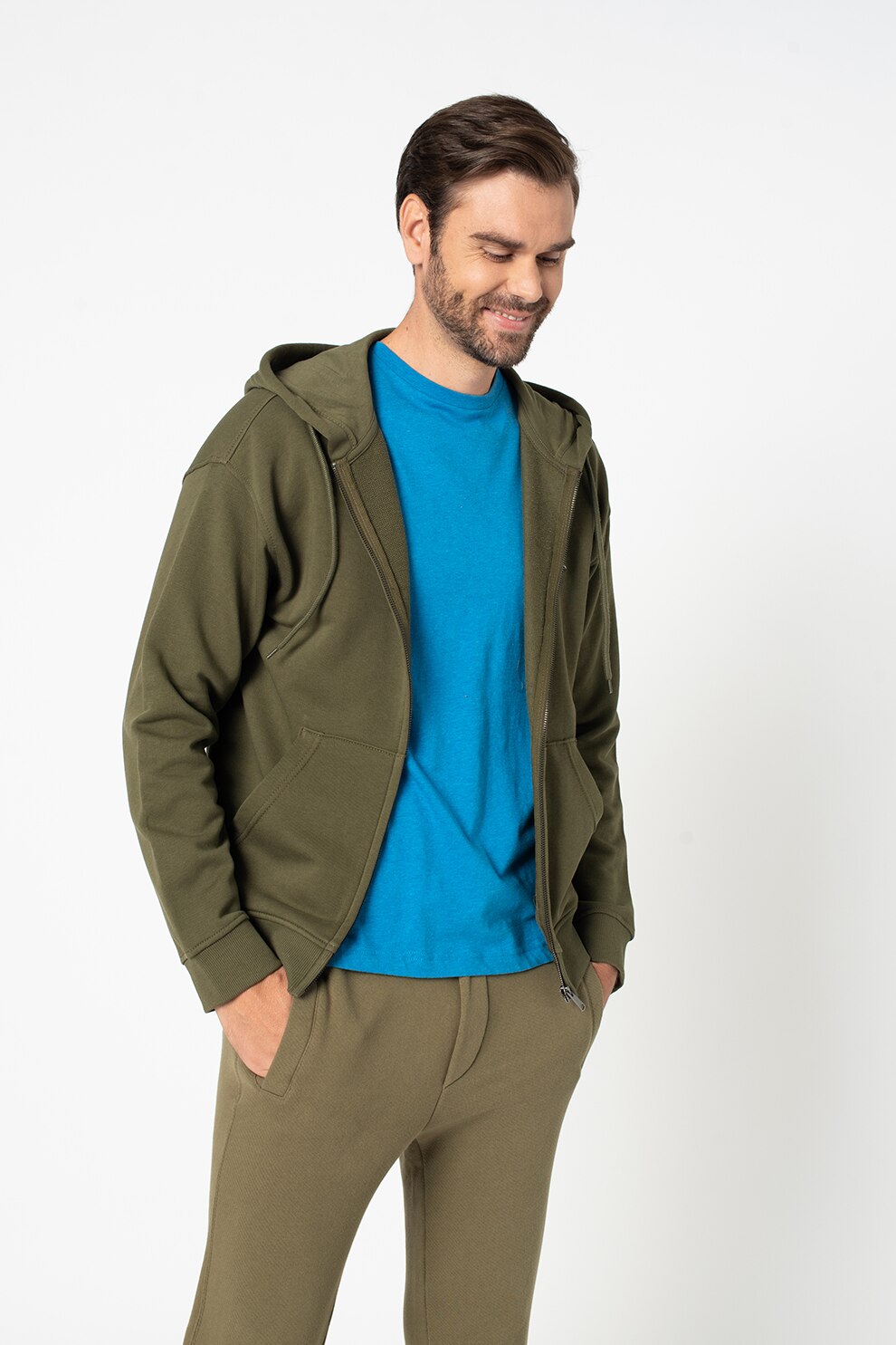 United Colors of Benetton, Hanorac de bumbac cu fermoar, Verde militar