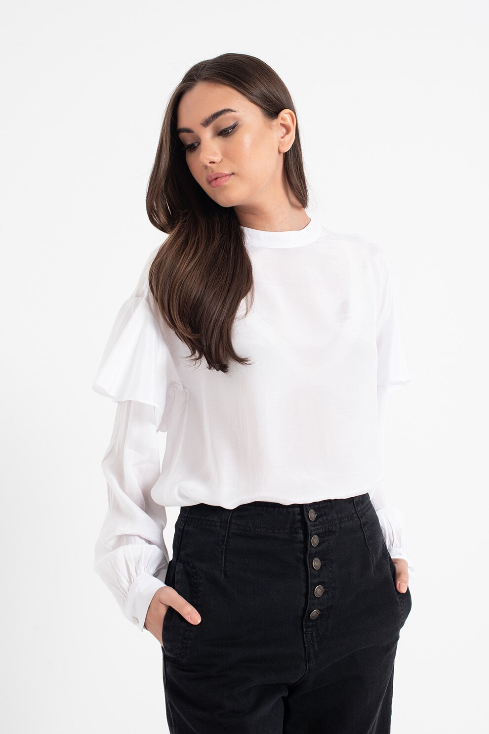 United Colors of Benetton, Bluza din satin cu volane, Alb