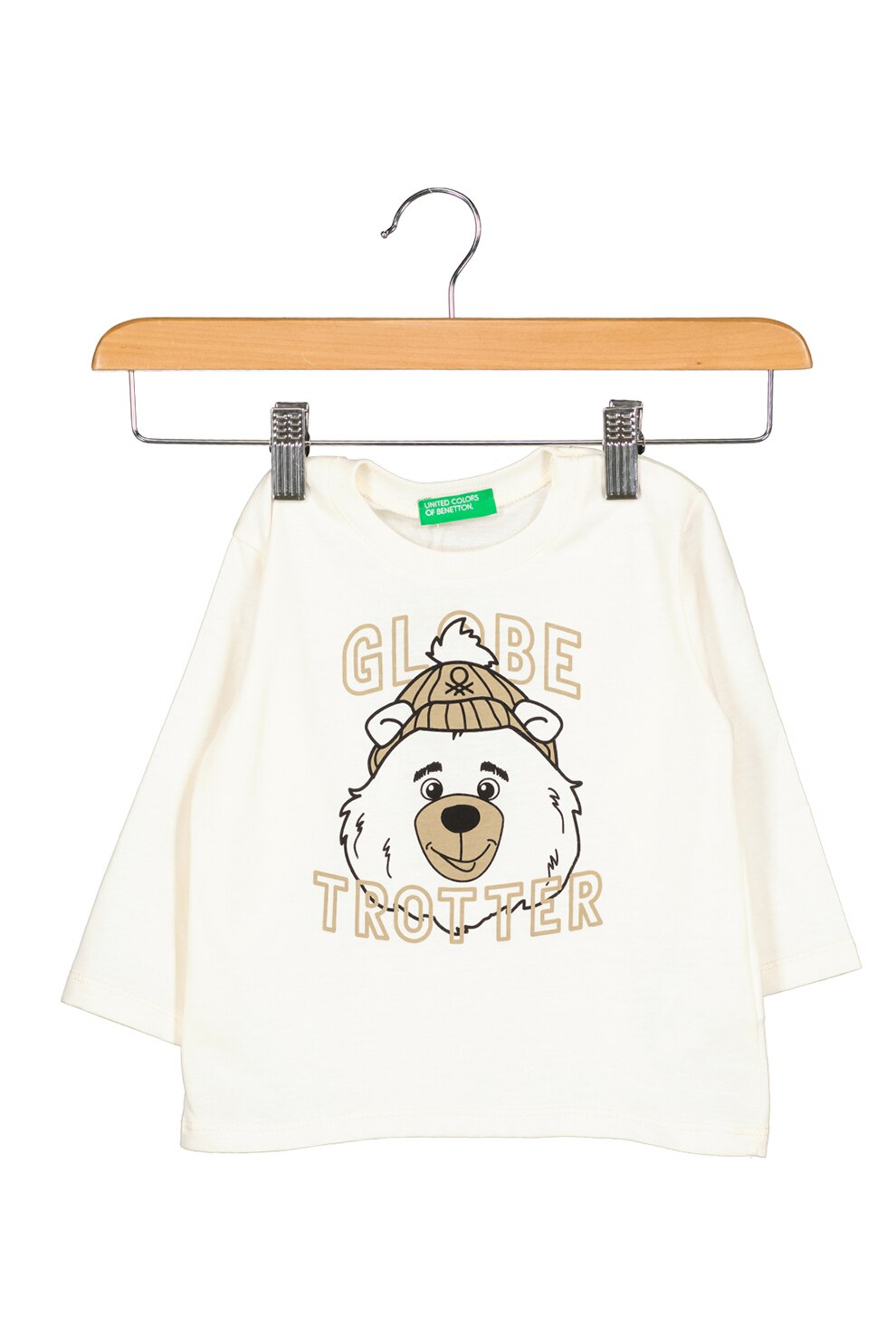 United Colors of Benetton, Bluza din bumbac cu imprimeu grafic si text, Alb/Maro taupe, 68 CM