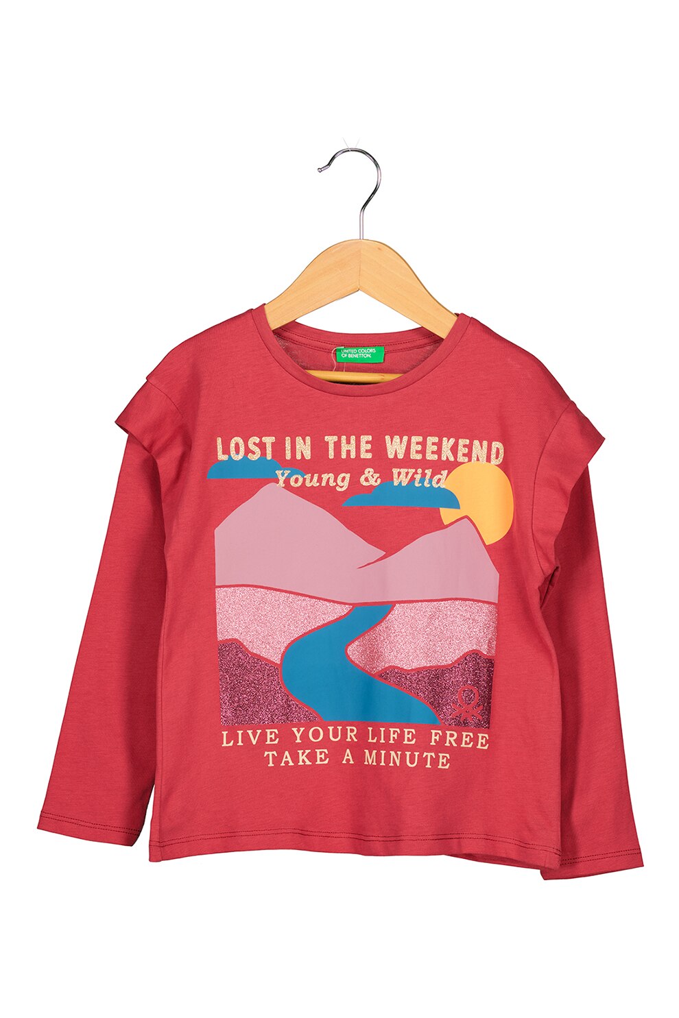 United Colors of Benetton, Bluza din bumbac cu imprimeu, Rosu stins
