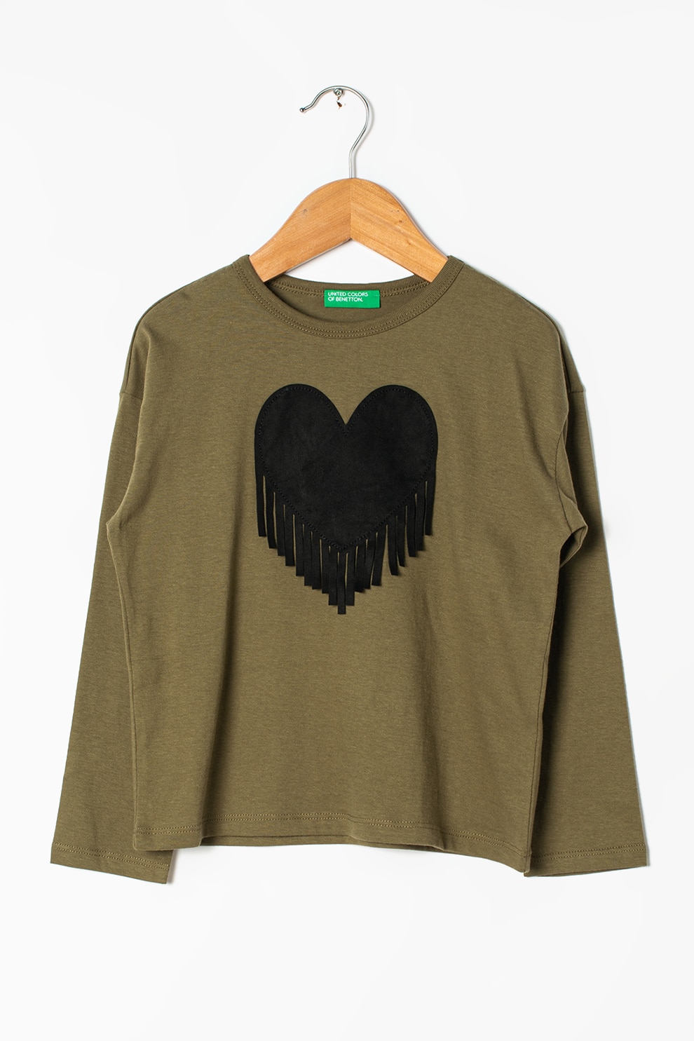United Colors of Benetton, Bluza din bumbac cu decolteu la baza gatului, Verde militar