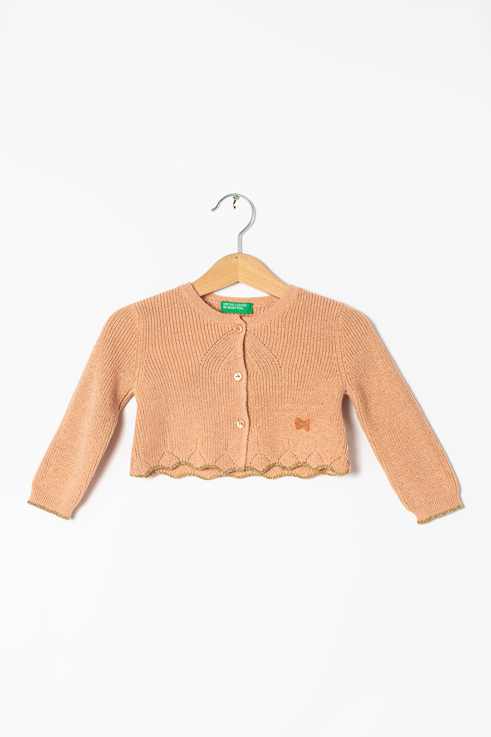 United Colors of Benetton, Cardigan cu decolteu la baza gatului si aspect stralucitor, Roz somon