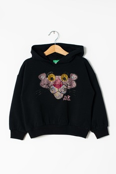 United Colors of Benetton, Hanorac cu aplicatii cu strasuri, 110 CM, Negru United Colors of Benetton, Hanorac cu aplicatii cu strasuri, 110 CM, Negru