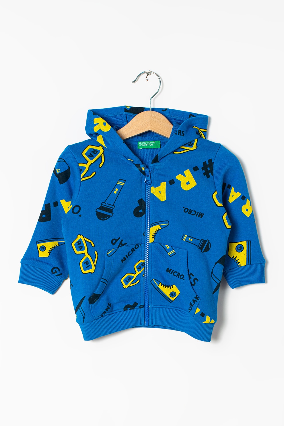 United Colors of Benetton, Hanorac cu fermoar si imprimeu logo, Albastru/Galben