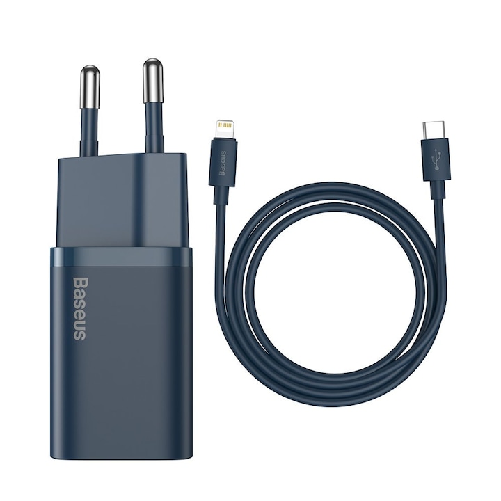 Мрежово зарядно Baseus Super Si 1C, Бързо зареждане, Super Si Технология, USB Type C - Lightning кабел, 1м включен, 20 W, Син
