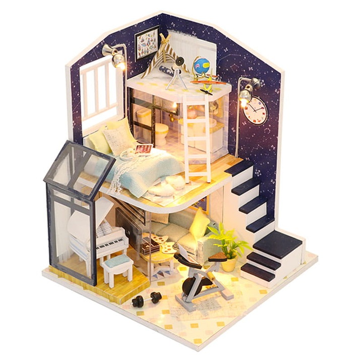 Макет на къща Habarri, За сглобяване, LED крушки, Многоцветен, 14,5 х 14,5 х 16,5 см