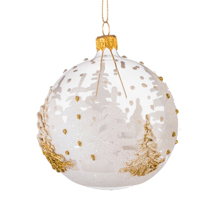 Коледна топка Димс-92, Стъклена, Прозрачна, Бели и златни елхи