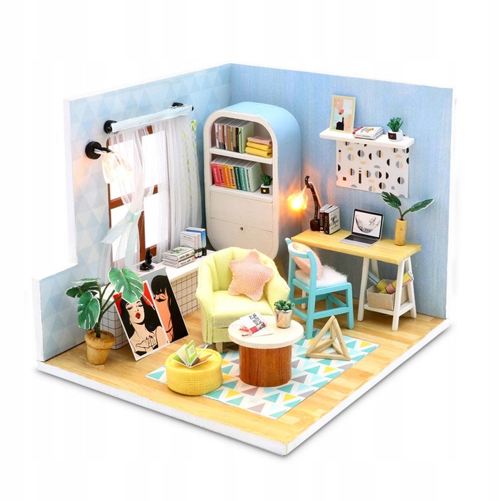 Casuta de papusi miniatura DIY Retro albastru, Habarri, Model Dublu, Retro, Cu Mobila Led, accesorii decorative, pentru decor, hobby creativ, Grad De Dificultate 3/7, Varsta 7+, Certificat Ce, 13.5x10.9x9.5 cm, Multicolor