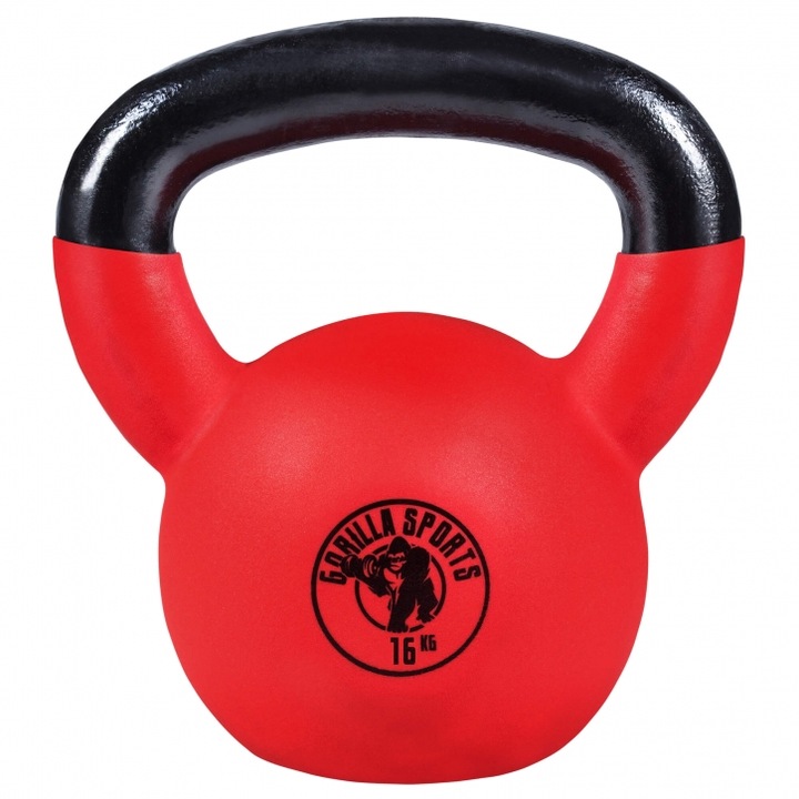 Kettlebell de fier acoperit cu cauciuc, Negru-Rosu, 16Kg, Gorilla Sports