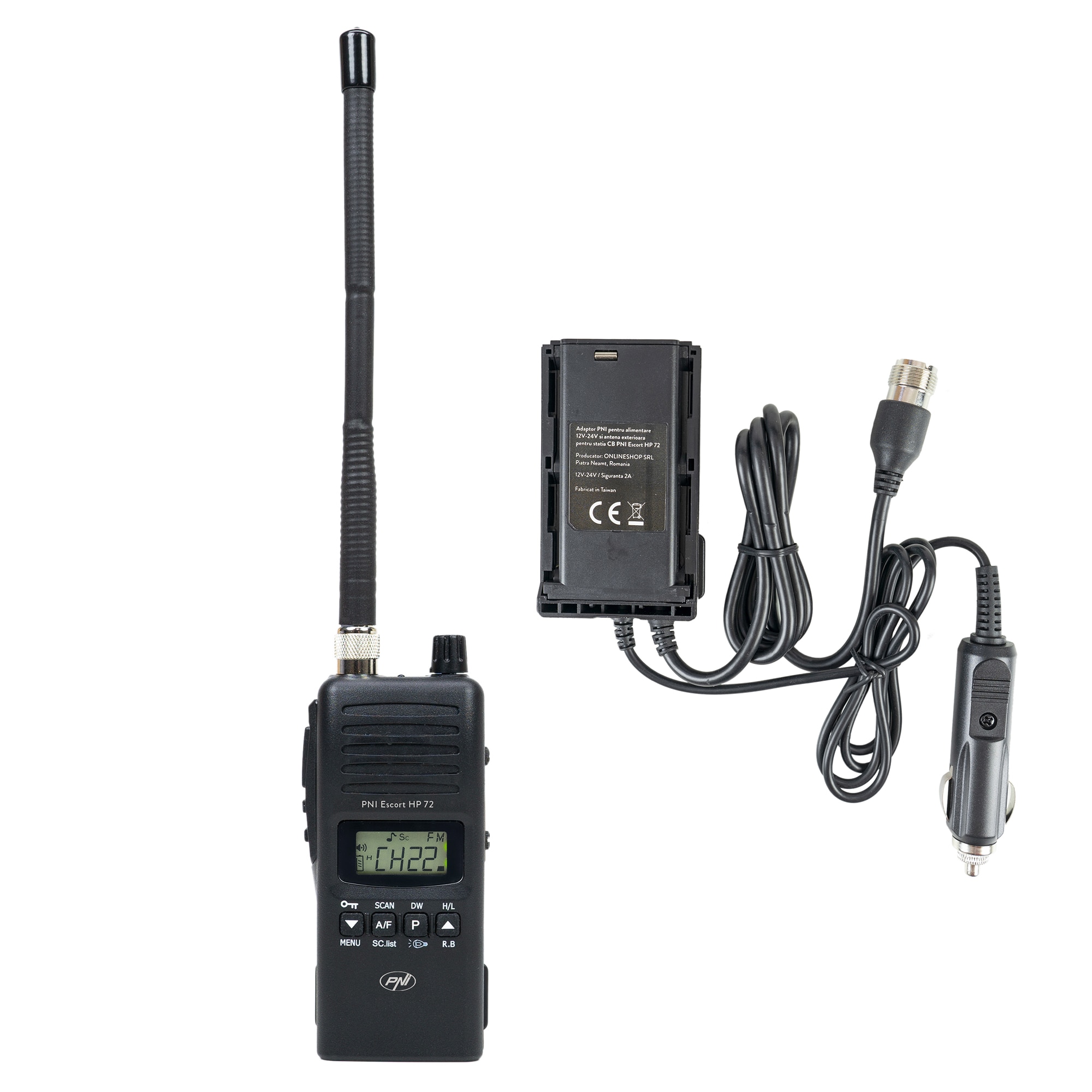 Pachet Statie radio CB PNI Escort HP 72 cu adaptor alimentare 12V-24V si antena exterioara