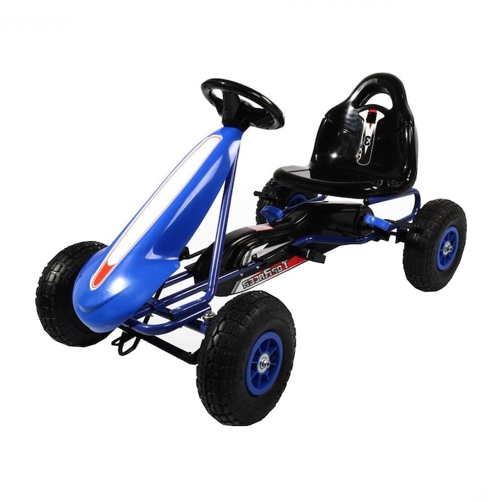 NOVOKIDS® Super Racer PRO pedálos gokart gyerekeknek, Felfújható gumikerekekkel, Hajótest, 3-7 év, Maximum 30 kg, Fém szerkezet, Kézifék, Szabadonfutó funkció, Hátramenet, Kék