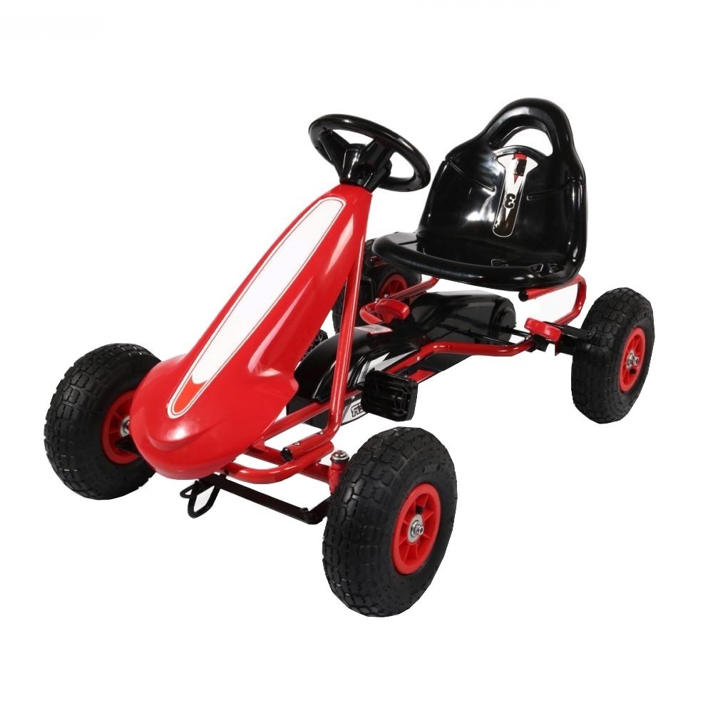 Kart cu pedale pentru copii NOVOKIDS® Super Racer PRO, Cu roti gonflabile din cauciuc, Carena, 3-7 ani , Maxim 30 kg, Structura metalica, Frana de mana, Functie FreeWheel, Mers cu spatele, Rosu