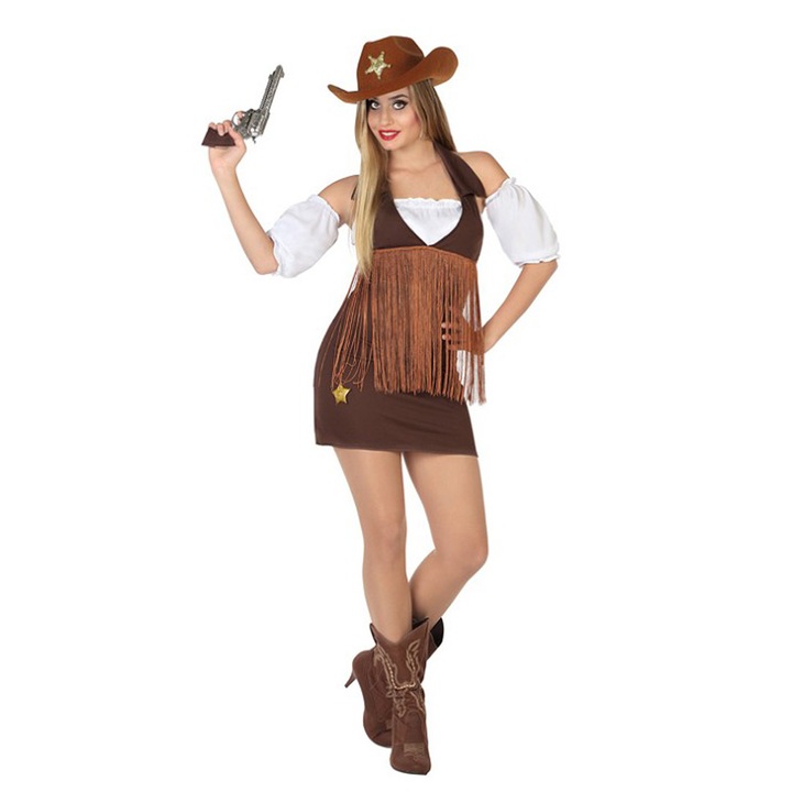 Atosa Cowgirl karneváli jelmez nőknek 265511 1-42/93, 3 részes, ruha és 2 ujjú, barna/fehér, 42-44