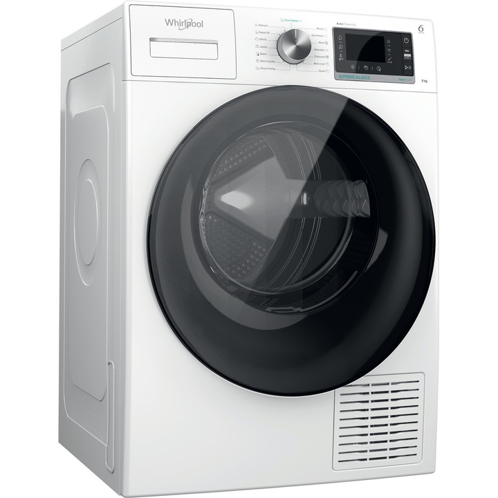 Uscator Whirlpool W7 D94WB EE, 9 kg, Clasa energetica A+++, display LCD, Tehnologie 6th Sense, alb