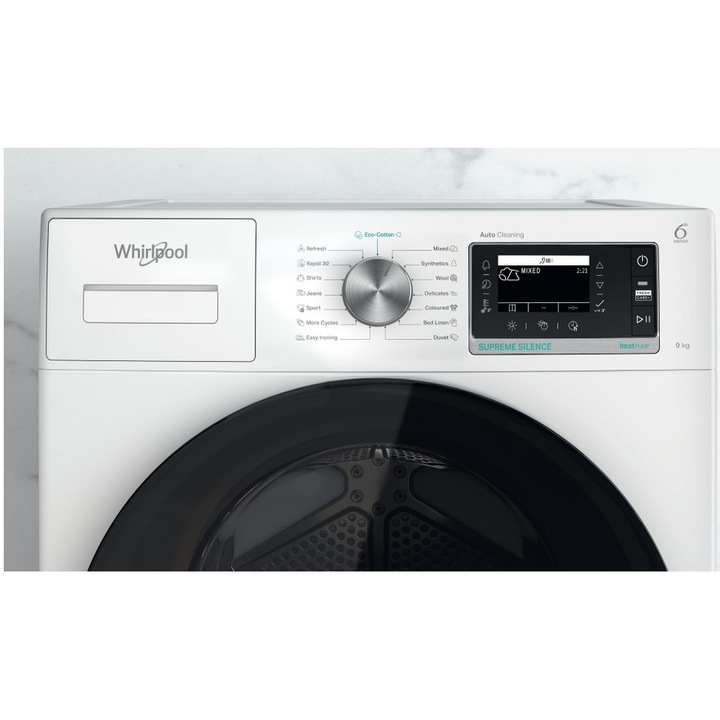 Uscator Whirlpool W7 D94WB EE, 9 kg, Clasa energetica A+++, display LCD, Tehnologie 6th Sense, alb