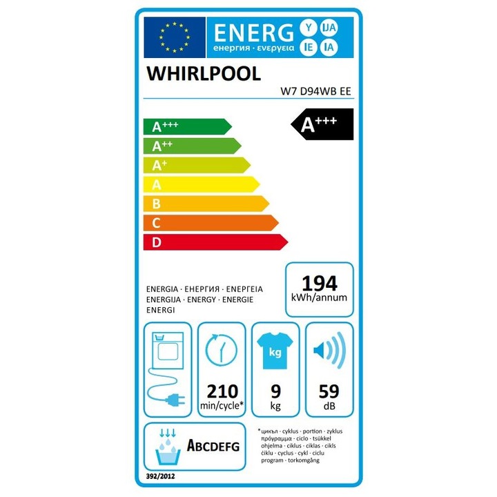 Uscator Whirlpool W7 D94WB EE, 9 kg, Clasa energetica A+++, display LCD, Tehnologie 6th Sense, alb