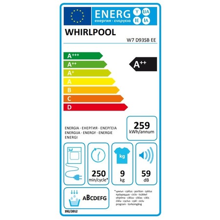 Whirlpool W7 D93SB EE hőszivattyús szárítógép, 9 kg, magyar nyelvű kezelőpanel és szöveges LCD kijelző, BPM motor, 6. Érzék funkció, A++ energiaosztály, ezüst