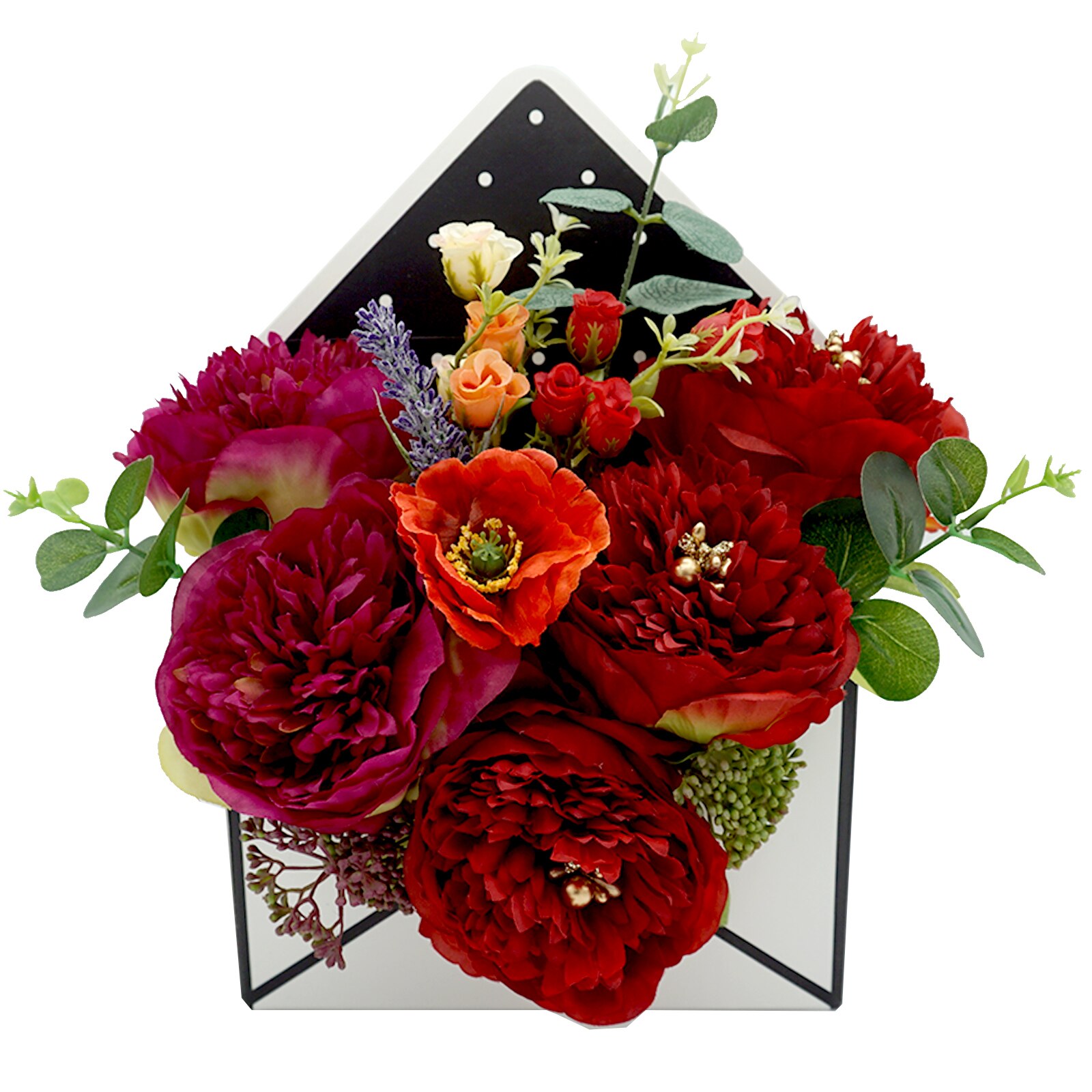 Aranjament floral de sarbatori, plic, din flori de matase, Regalo - Pasiune, 15 flori, 30 cm