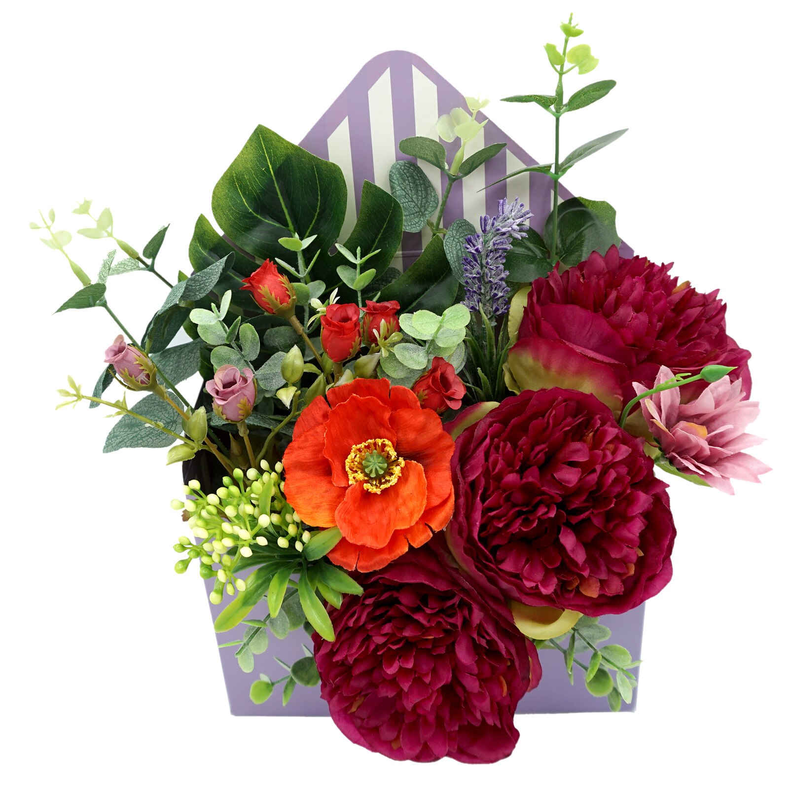 Aranjament floral aniversar, plic, din flori de matase, Regalo - Mister, 11 flori, 30 cm